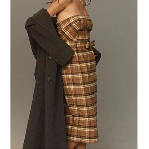By Anthropologie Strapless Belted Midi Dress Wool Plaid Brown 12